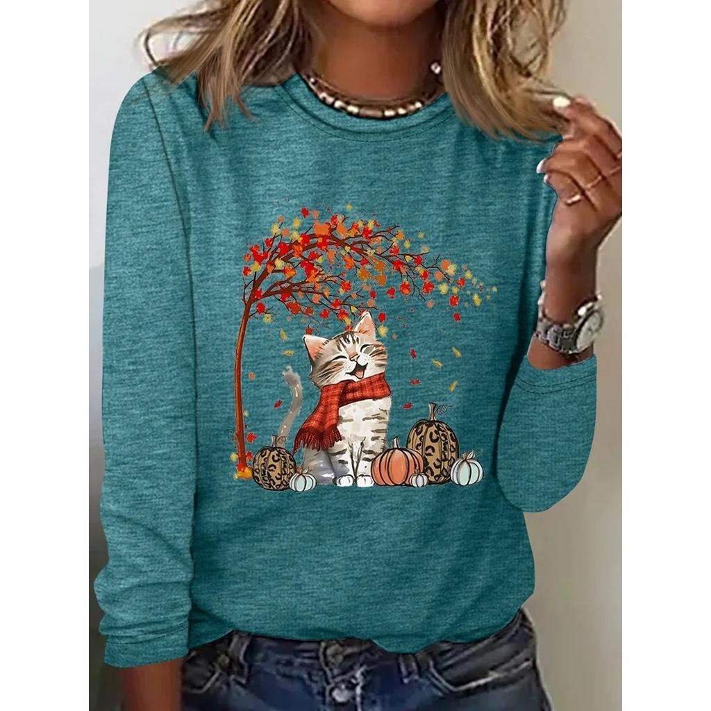 Fun Cat Print Top with Retro Artistic Style Round Neck Long Sleeved Women's T-shirts