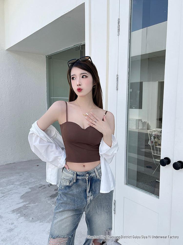 Seamless Ice Silk French Strappy Tank Top with Fixed Cup and Bandage Bustier