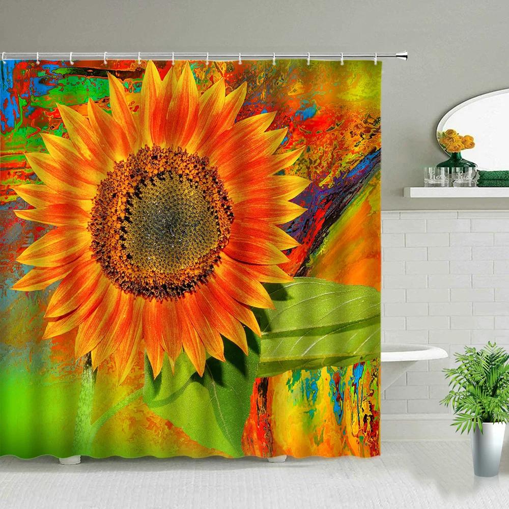 Flowers Shower Curtains Tulip Sunflower Rose Floral Plant Bathroom Scenery Bathroom Decor Polyester Fabric Bathtub Curtain Set