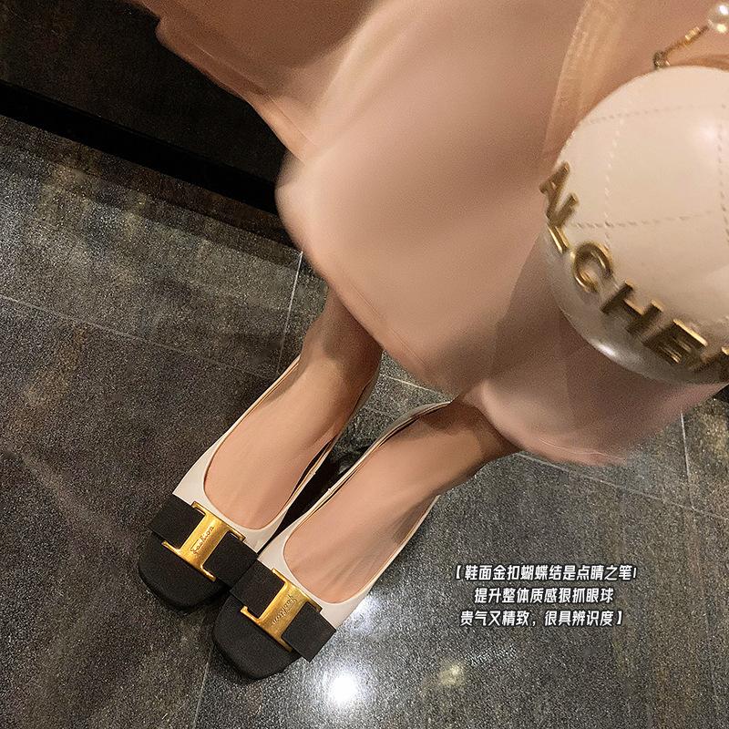 Gao Yan Xiaoxiangfeng~ French elegant leather color matching bow women's head mid-heel light mouth single shoes women