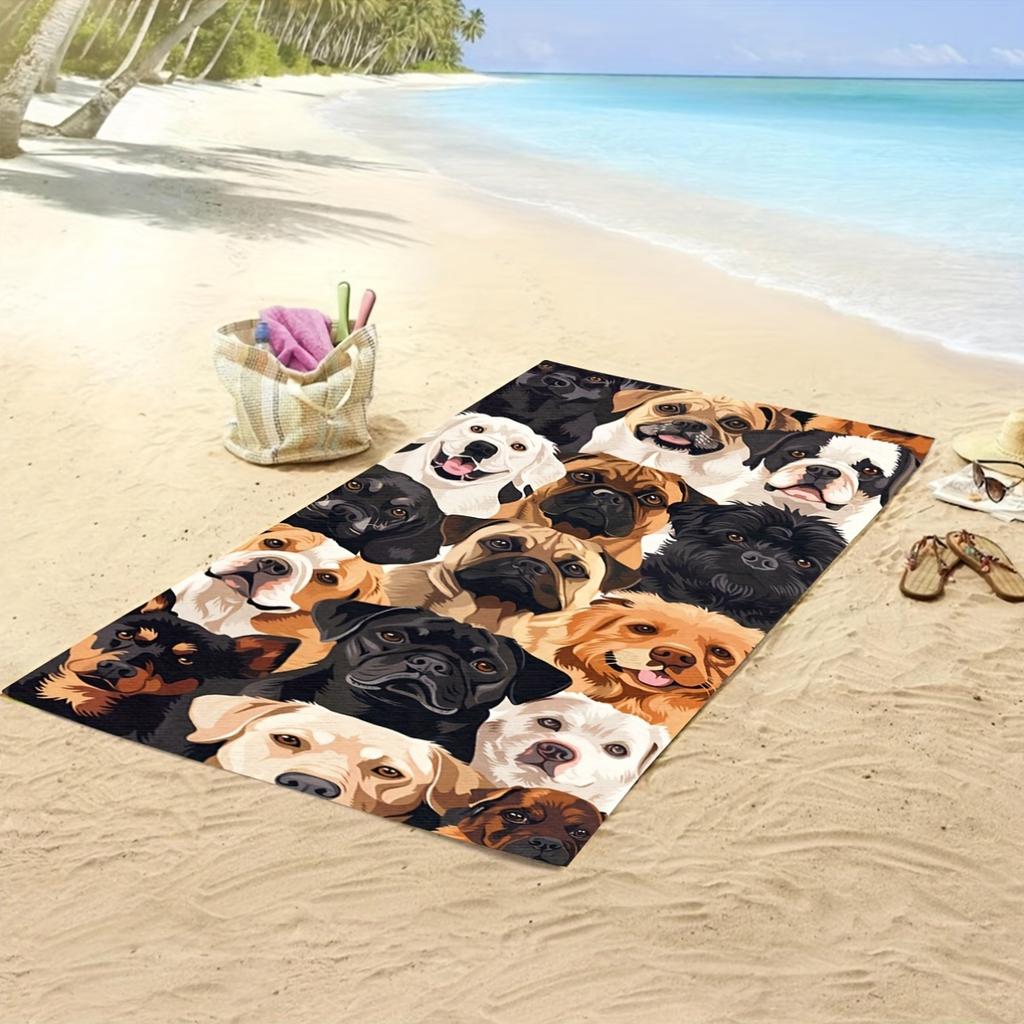 Microfiber Oversized Beach Towel with Cute Dog Print - Modern Style, Machine Washable, Animal Theme, Soft Knit Fabric,   Pool