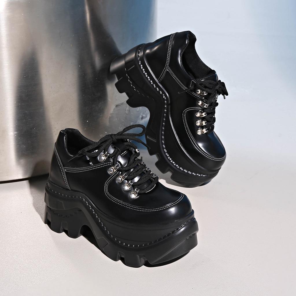 Large size high-heeled small leather shoes for women 2025 autumn new European and American small muffin thick-soled lace-up single shoes for women