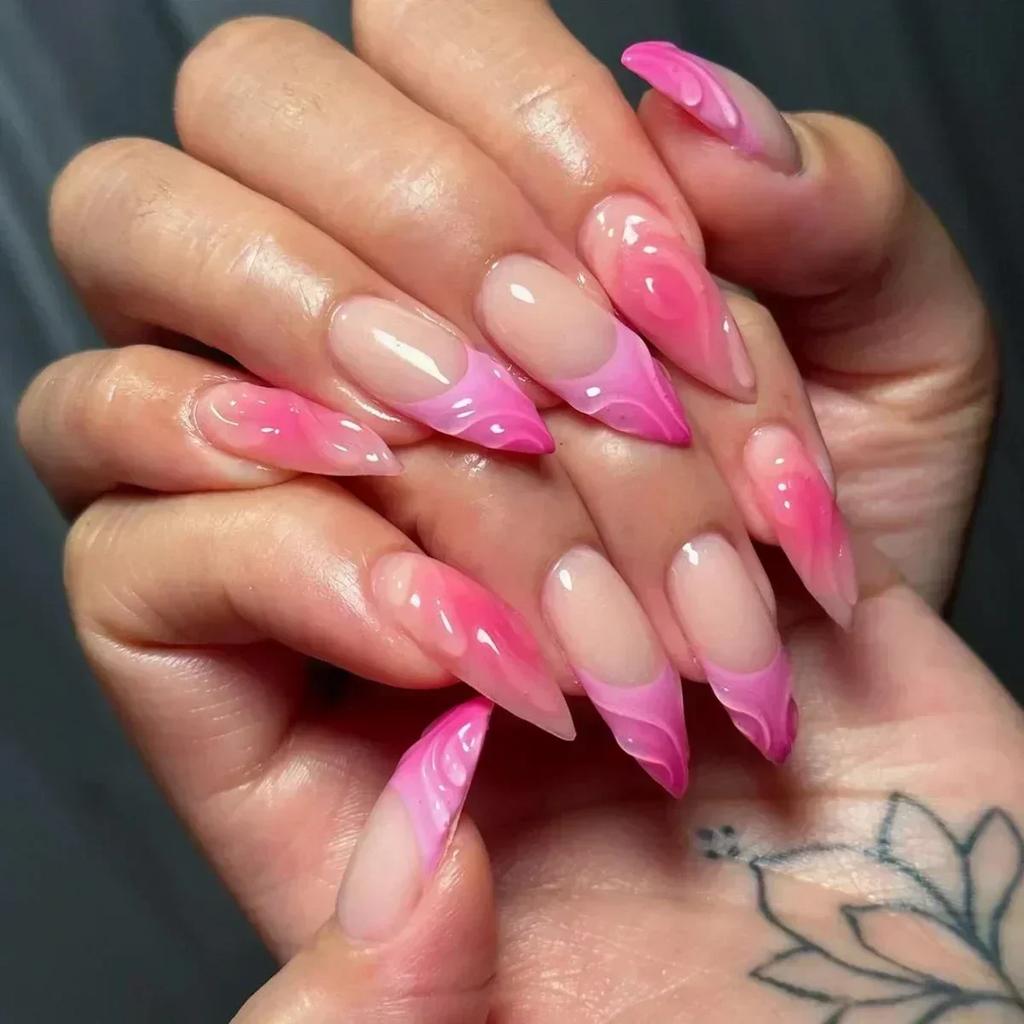 24Pc False Nails with Glue Almond Black Red Gradient Design Detachable Rhinestone Acrylic Fake Nail Long Stiletto Press on Nails