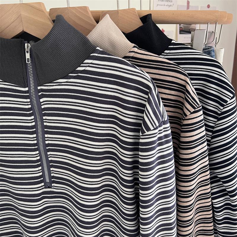 Women's Striped Half-Zip Cropped Hoodie - 2023 Autumn/Winter Long-Sleeve Loose Casual Top