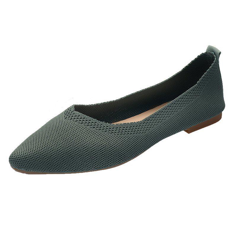 Solid Color Pointed Toe Women's Slip-On Flats - Breathable, Low Heel, Casual Knit Design