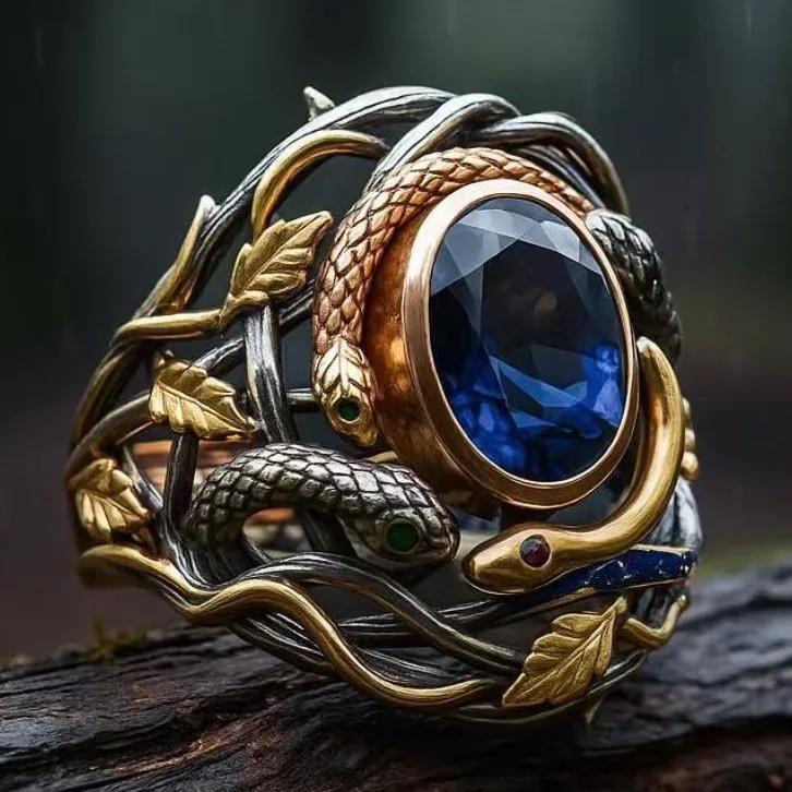 Vintage Zweifarben Gold Schlangenring mit blauem Saphir, Antiker verdrehter Weinlaub Design Ring, Einzigartiger Statement Schmuck für Männer No. 6 brown