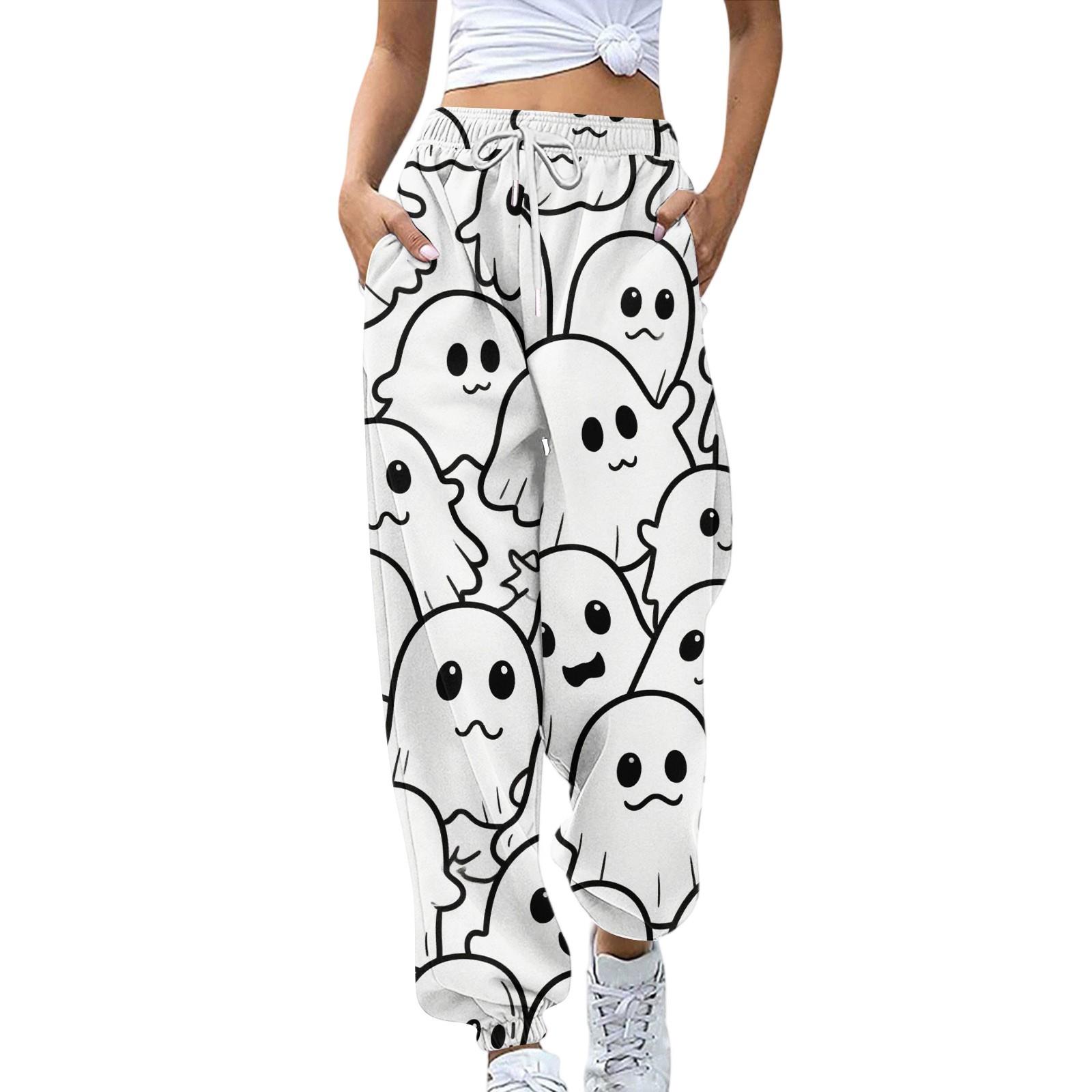 

Женские спортивные брюки с карманами, модные брюки с принтом на Хэллоуин, брюки с эластичной талией, повседневные спортивные брюки XL белый