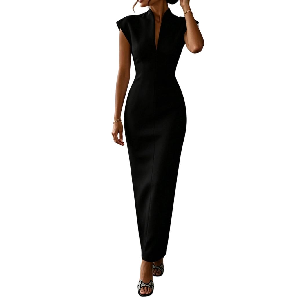 Abito da Donna a Tubino Senza Maniche con Collo Alto Scollatura a V Vita Stretta Bodycon Midi Abito da Sera Formale