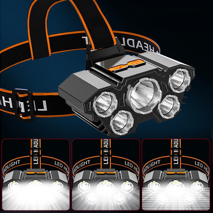 5 LED Kafa Lambası Şarj Edilebilir Dahili 18650 Pil Güçlü Işık Kafa Lambası Kamp Macera Balıkçılık Kafa Işığı El Feneri