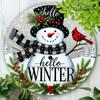 Winter Greetings Carved aluminum foil sign with Holly wreath center attachment, vintage metal tin plate for door, home
