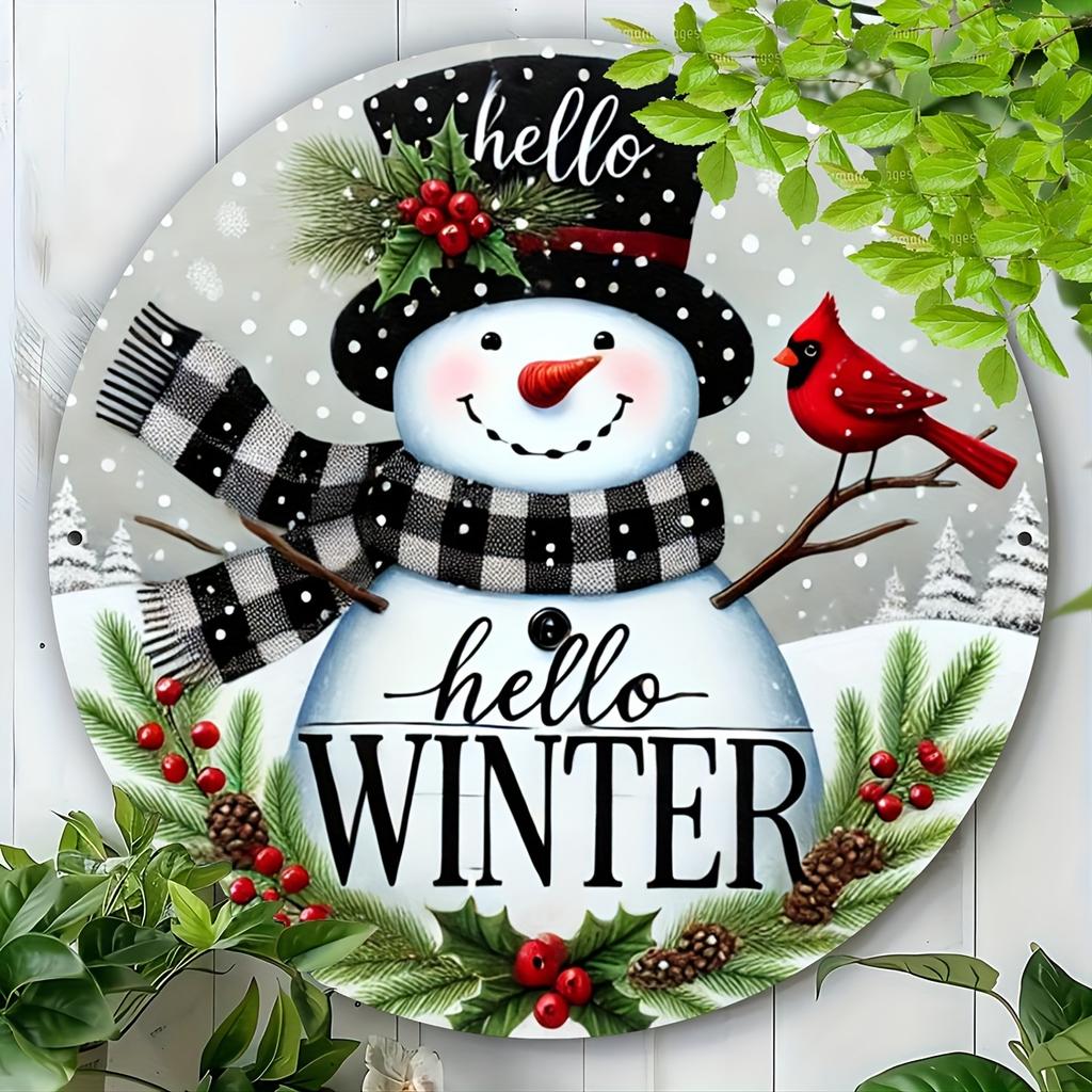 Winter Greetings Carved aluminum foil sign with Holly wreath center attachment, vintage metal tin plate for door, home