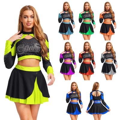 Complete Cheerleading & Party Outfit for Women S-XXL: Glittering Rhinestone 2Pcs Set with Long Sleeve Top & Short Skirt