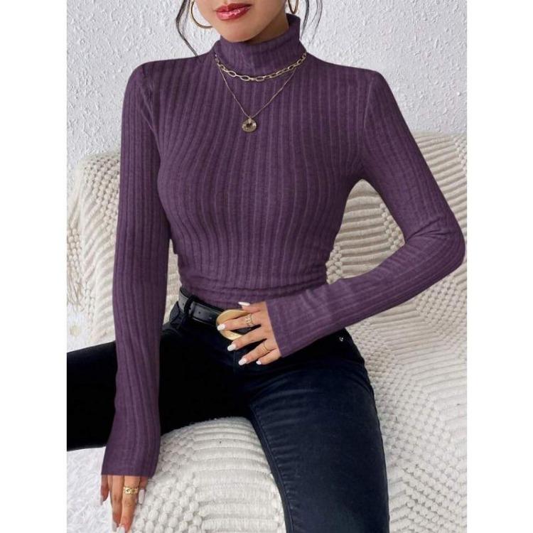 Elegant High Neck Slim Sweater for Women Long Sleeve Solid Color Autumn Winter Clothing