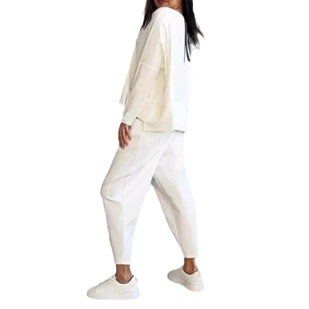 2025 European & American Women's Solid Color Casual Round Neck Long Sleeve Two-Piece Set