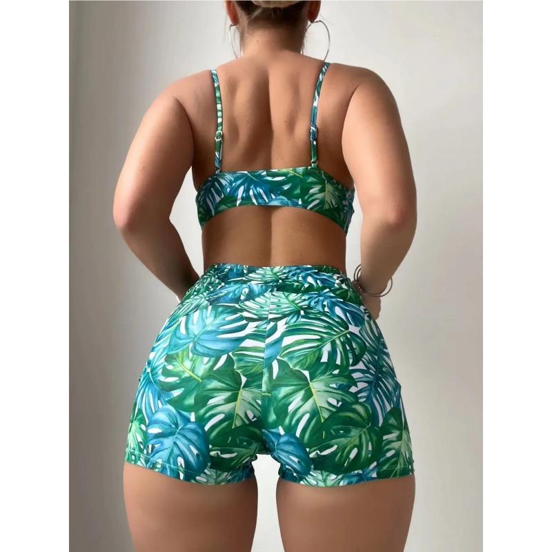 Green Leaf Print 2 Piece Swimsuit Women,2024 High Waist Bikini Tankini,summer Beach Vacation U-neck Suspender Backless Swimwear