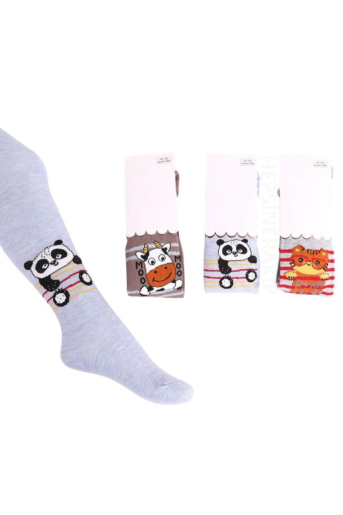 3lü Erkek Bebek Çocuk Külotlu Çorap Renkli Hayvancık Desenli Pamuklu