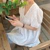 2025 Summer Women's White Puff-Sleeve Lace Blouse – Versatile Short-Sleeve Hollow-Out Design