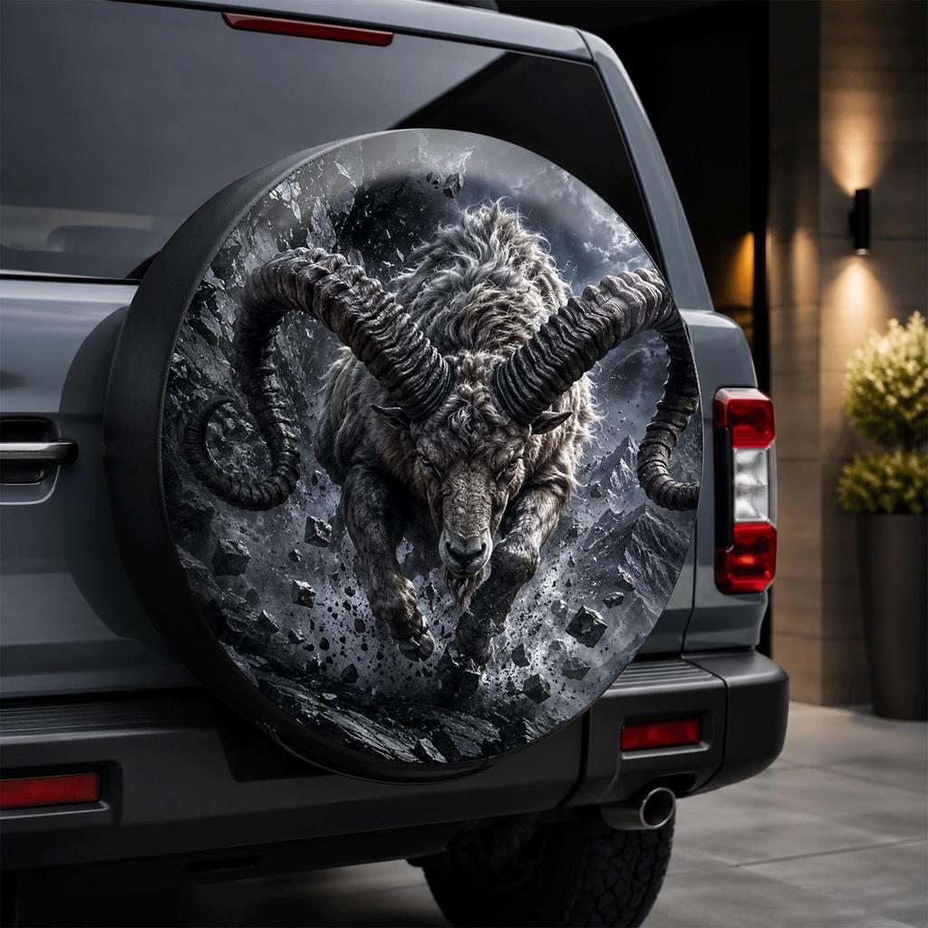 1pc Magical Enormous Horn Goat Style Printed Car Tire Cover, Fashionable Universal Wheel Hub Protector, Spare Tire Protection, P