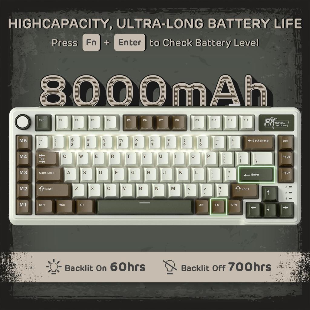 RK ROYAL KLUDGE L75 Mechanical Keyboard with Gasket Touchable TKL Wireless Hot Professional QWERTY US Layout Assembly, Buttons/Macro Keys, Nameplate,