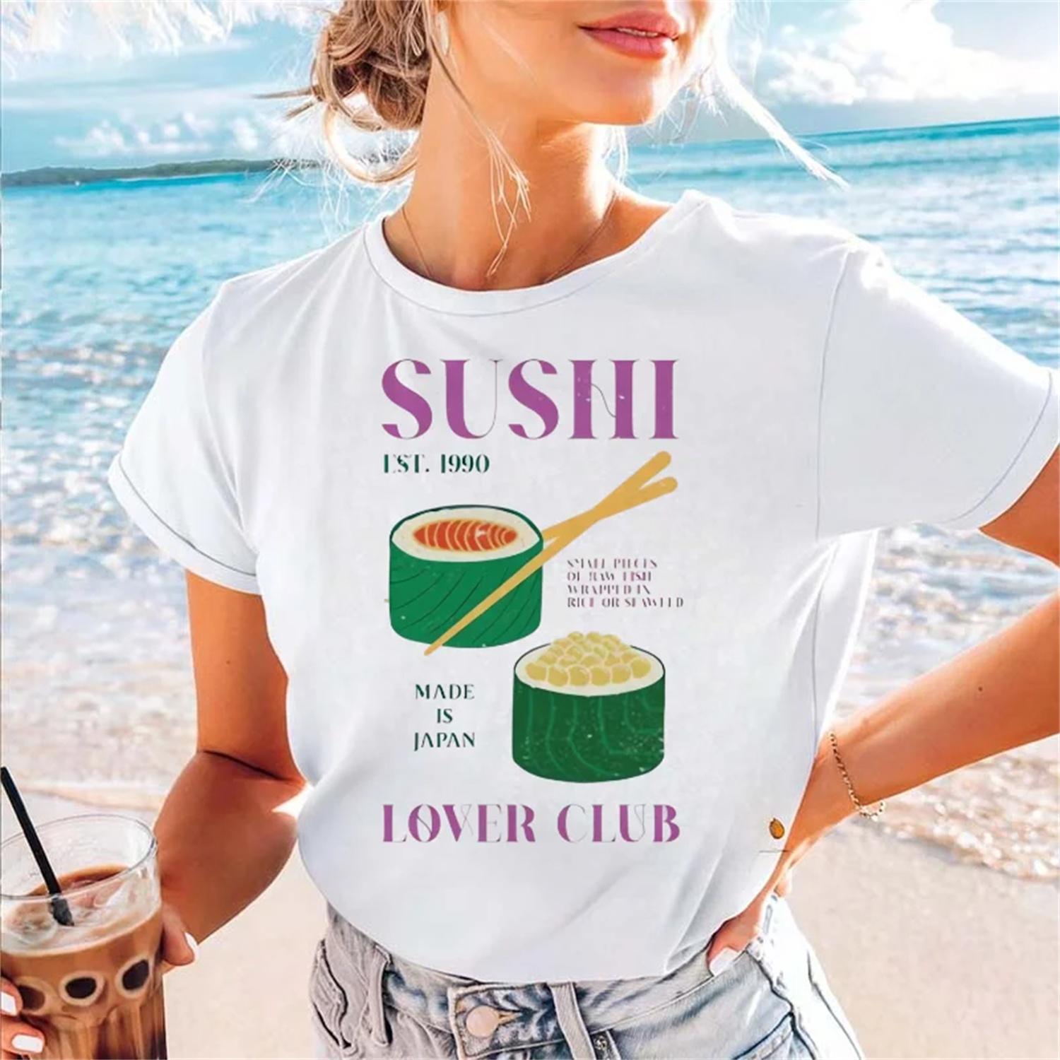 

Sushi Print Pattern Women s Summer Basic Print Casual Style Short Sleeved Top Street Aesthetic Summer Clothing Popular Top XXXXXL білий