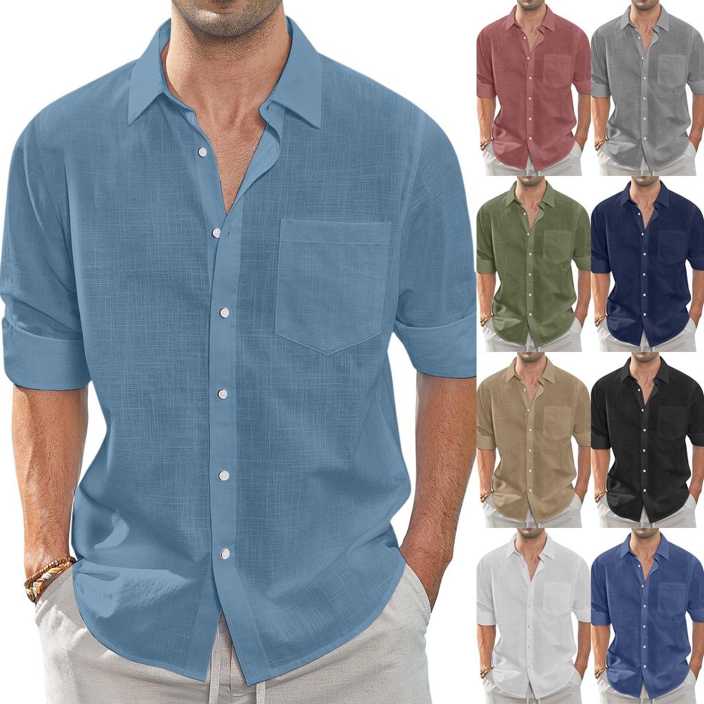 Summer Men's Collar Pocket Short Sleeved Cardigan Solid Color Shirt Top