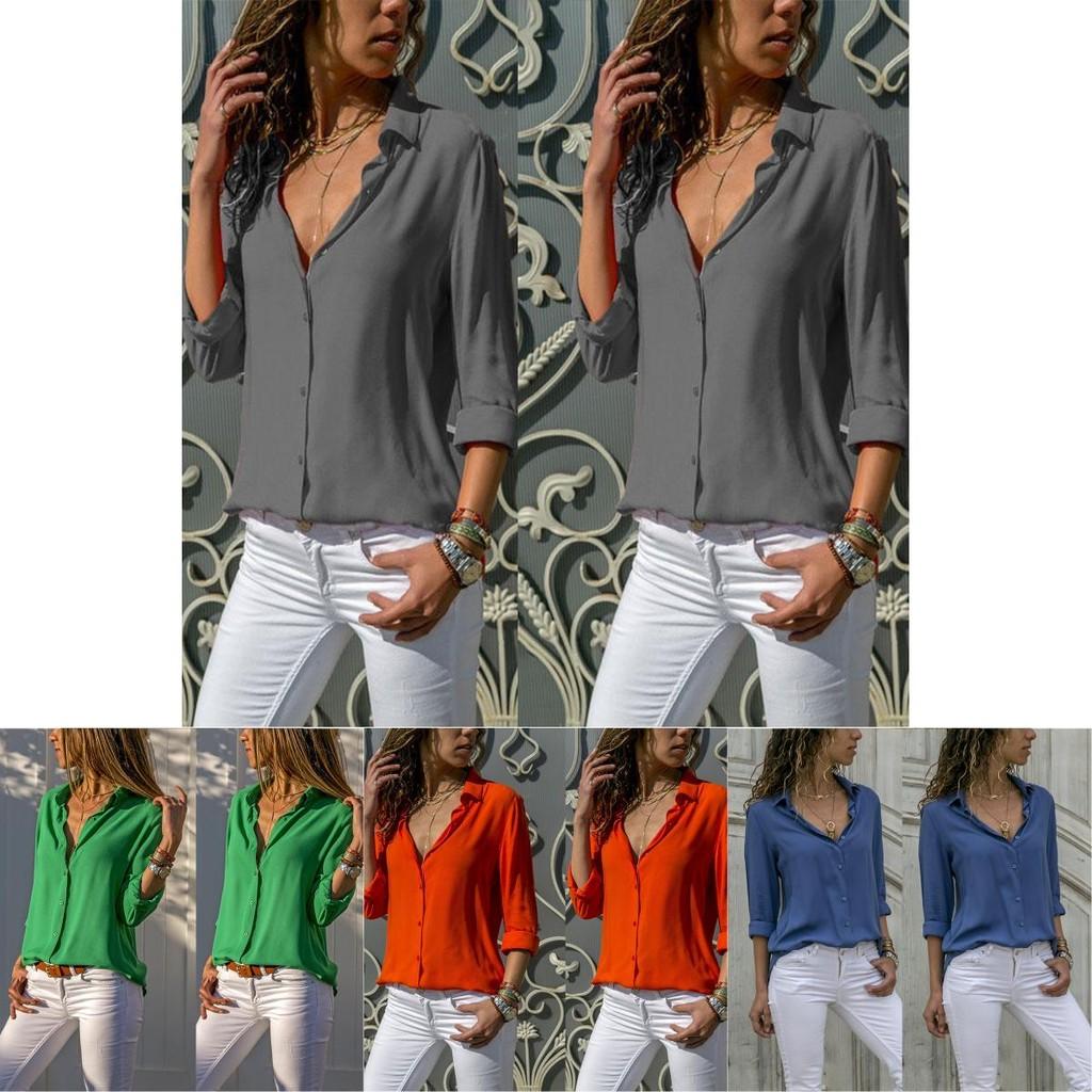 Timeless Solid Color Womens Long Sleeve Office Blouse Dress Shirt