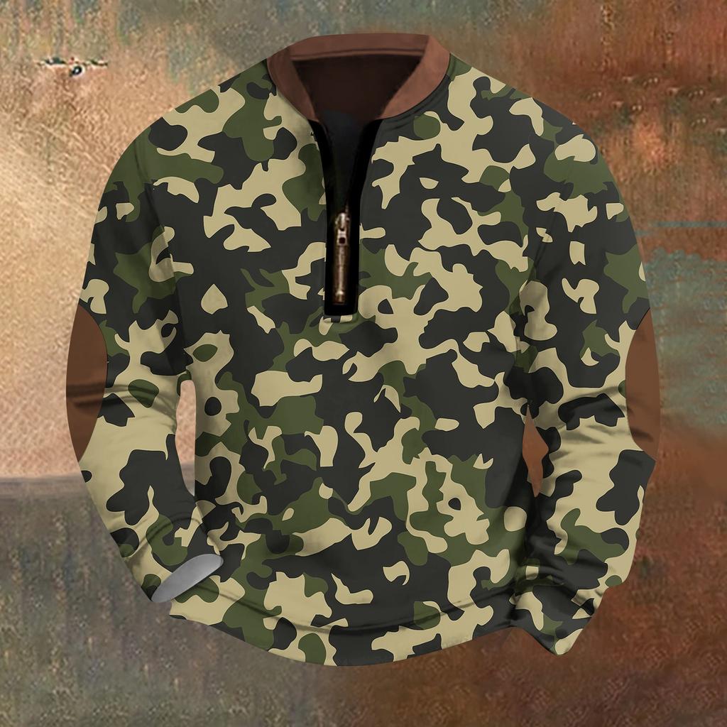 Men's Fashion Casual Half Zip Neck Loose Long Sleeve Camouflage Sweatshirt