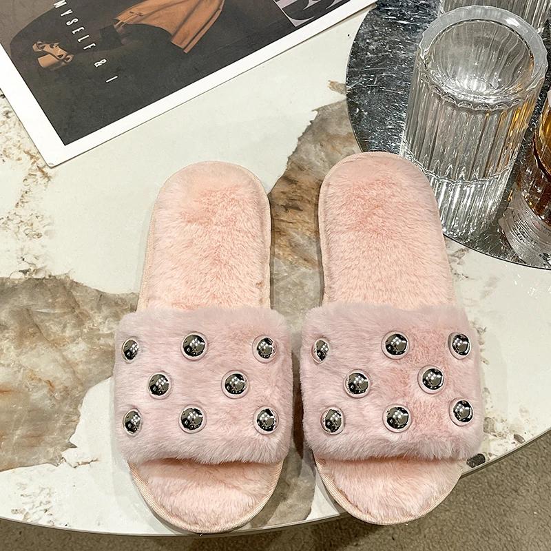 Flat Fluffy Fur Slippers Women Solid Warm Furry Slippers Women Winter House Flip Flops Home Rivet Slides Flat Indoor Floor Shoes