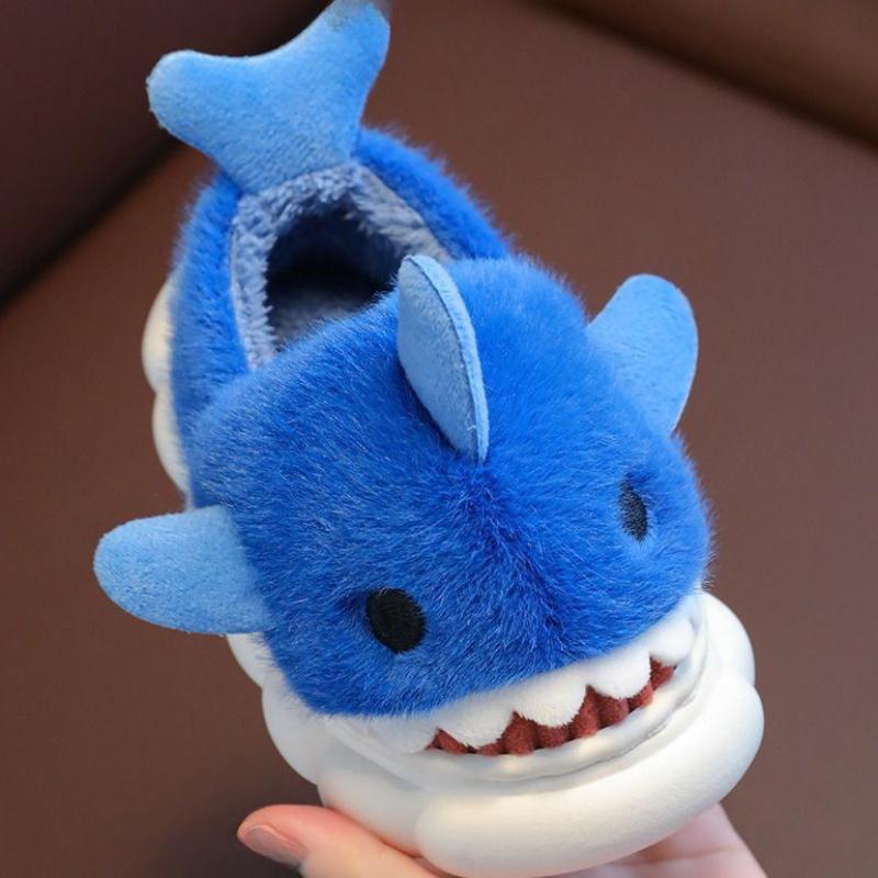 1 Pair Youngsters' Shark Plush Slippers - Soft Fleece-Lined Slip-On Indoor/Outdoor House Shoes with Cartoon Shark Design, Non-Slip PVC Sole