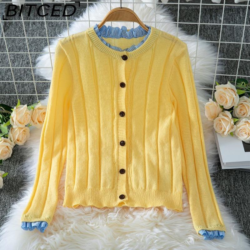 

BITCED Women s Knit Cardigan Sweater - Autumn Ruffled Patchwork Slim-Fit Cropped Top Outerwear Cardigan XL жёлтый
