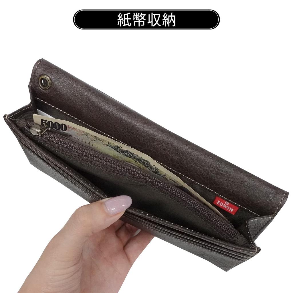 Long wallet made of textured synthetic leather with a compartments for and and a YKK plate, banknotes, coins, cards, zipper.