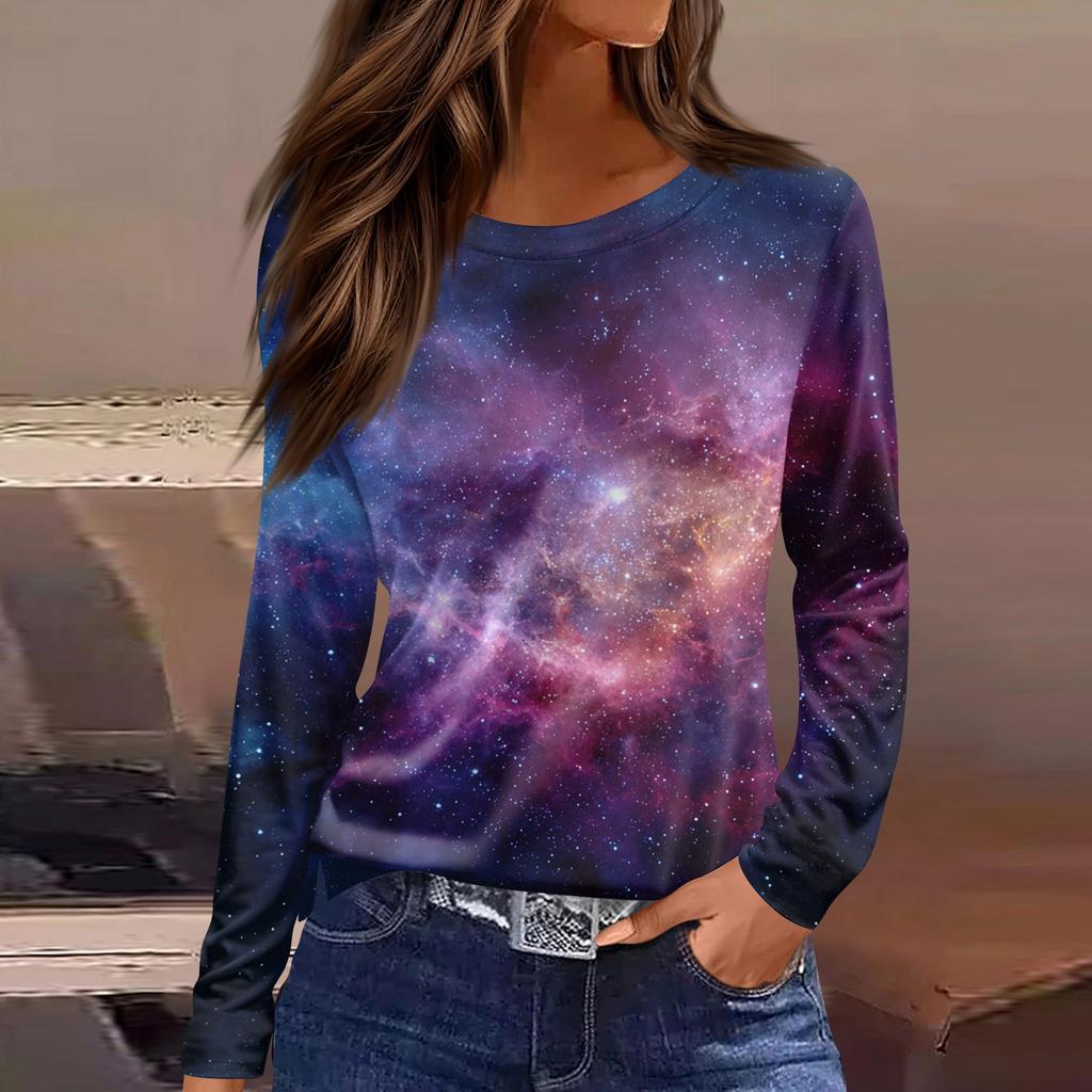 Women's Fashion Casual Slit Hem Round Neck Long Sleeve Loose Printed T,Shirt Ladies Top