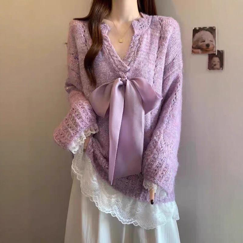 Korean Style Lace-up Bowknot Mesh Knit Sweater - Women's Trendy Autumn/Winter 2025