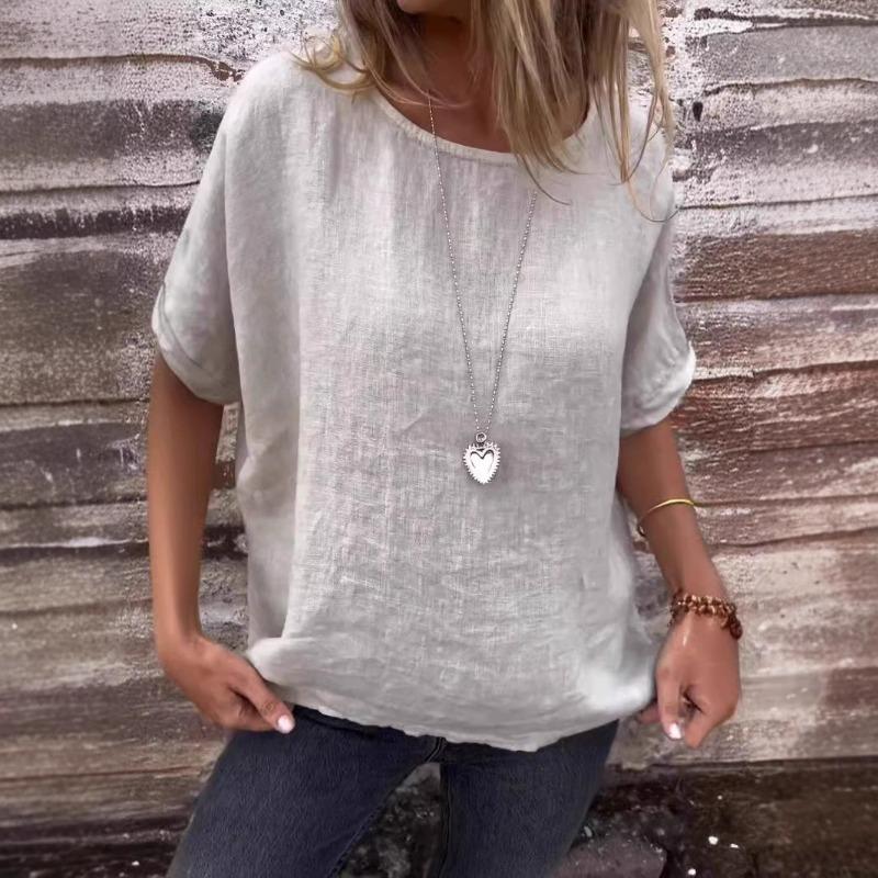 Spring Summer Round Neck Long Sleeved Loose T-shirt Top for Women Shirt