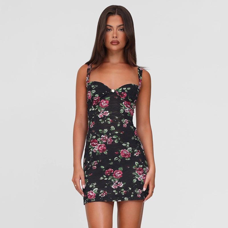 

Женское новое платье-халтер с кружевным жилетом и цветочным принтом, модные платья-хип-хоп L чёрный