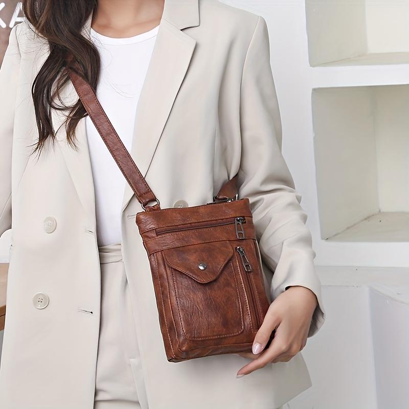 Borse a Tracolla Mini in Finta Pelle Vintage per Donna, Borsa per Cellulare, Portafoglio Giornaliero Multistrato con Zip, Borsa a Spalla Monocolore