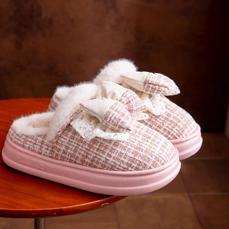 

Fashion Platform Fluffy Slippers Women House Flats Cute Bowknot Designer Luxury Winter Shoes Girls Fashion Plush Casual Footwear Elegant 36-37 розовый