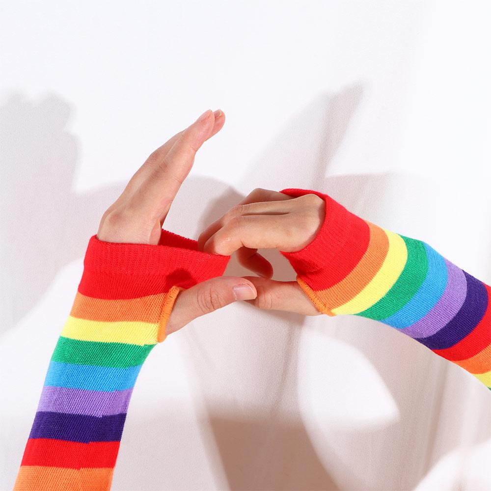 Zonwerende Gebreide Handschoenen voor de Arm Dames Armwarmers Regenboog Mouwmanchet Gestreepte Armwarmers