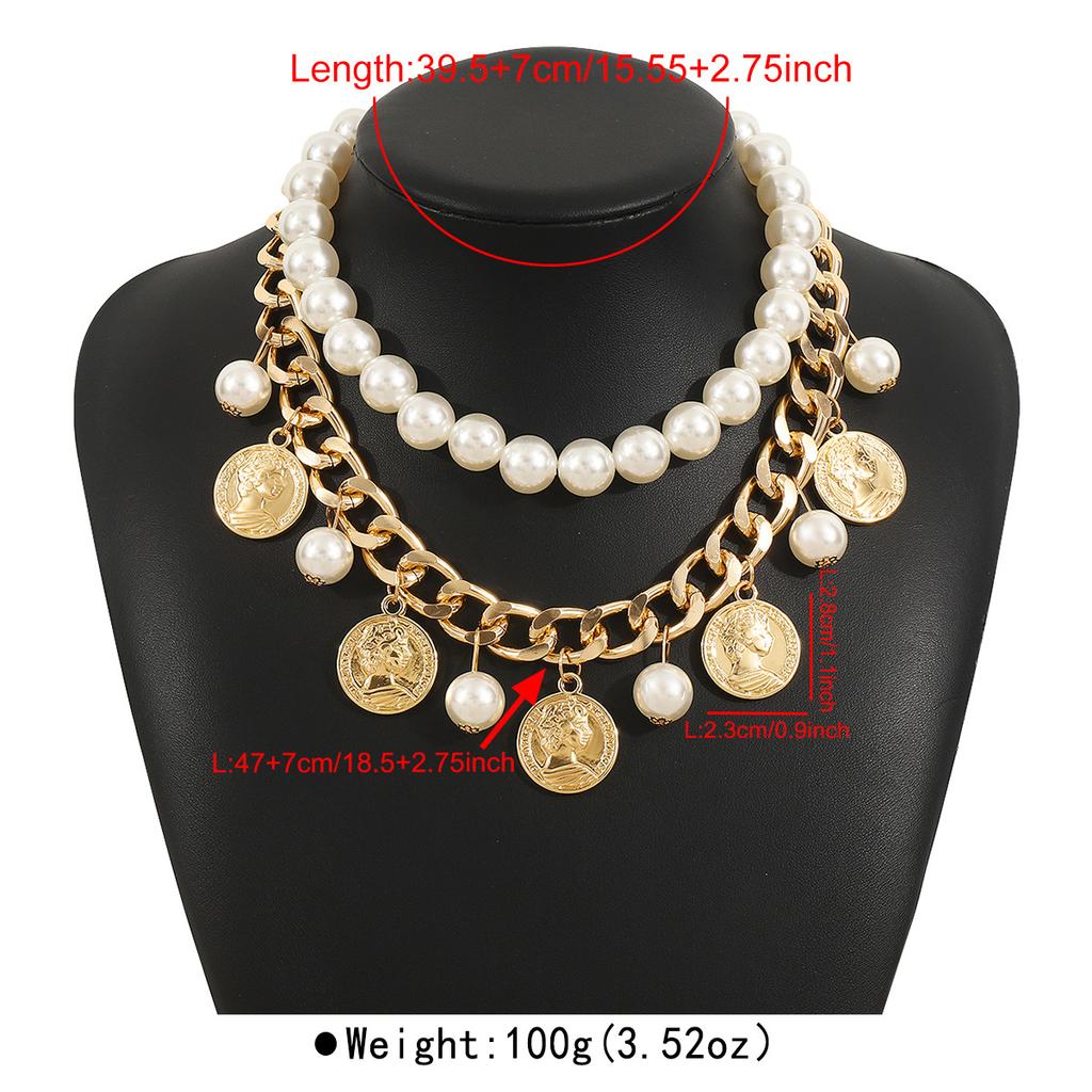 Tooxika Vintage Portrait Coin Queen Cameo Pendant Tassel Double Layer Pearls Collarbone Chain