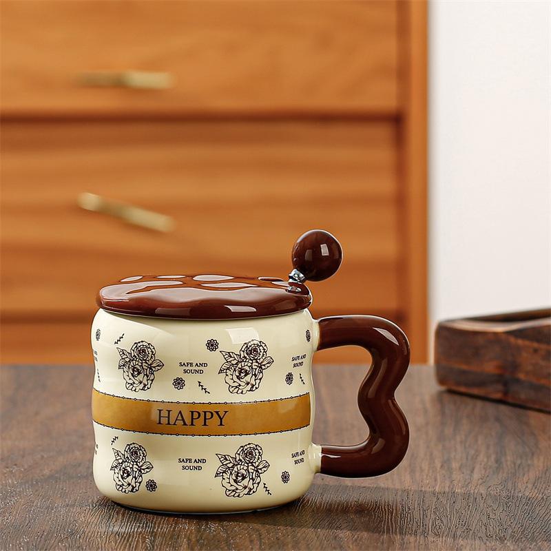 

Vintage flower premium sense mug home simple office girls water cup with lid coffee couple breakfast cup 301-400ml