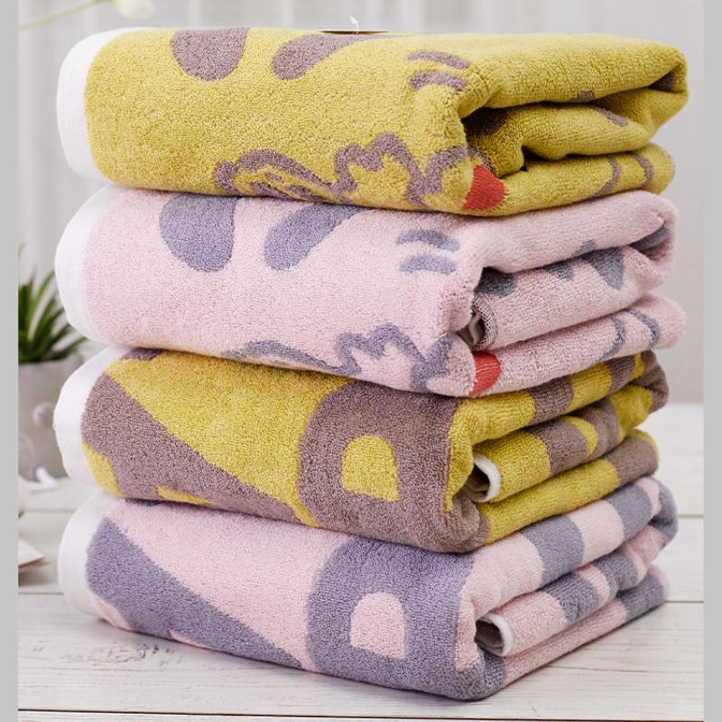 70x 140cm Thickened Super Absorbent Pure Cotton Bath Towel, Jacquard Household Cute Bath Towel, Pink and Yellow Wrap Towel for Women,1pc