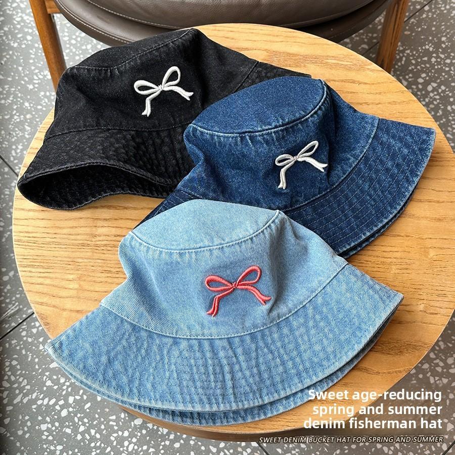 Bow Embroidered Denim Bucket Fisherman Hat Sun Protection Casual Outdoor Cap