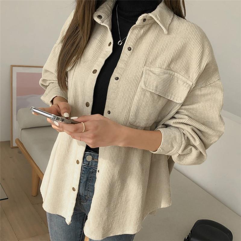 Women's Corduroy Shirt Jacket - Retro Hong Kong Style, Spring/Autumn Outerwear, Loose Fit, Versatile Medium/Long Length.