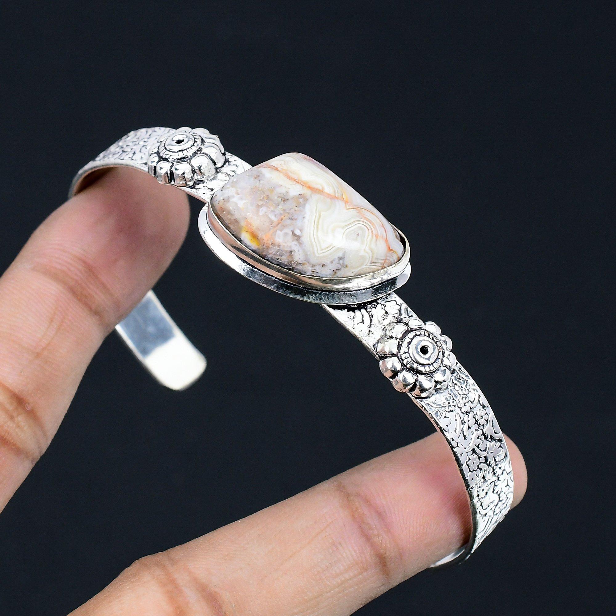 

Daughters Day Deal 925 Silver Mexican Laguna Lace Agate Gemstone Birthday Bangle Adjustable