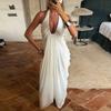 Sexy Loose Backless Sleeveless V-neck Pleated Long Halterneck Mesh Dress
