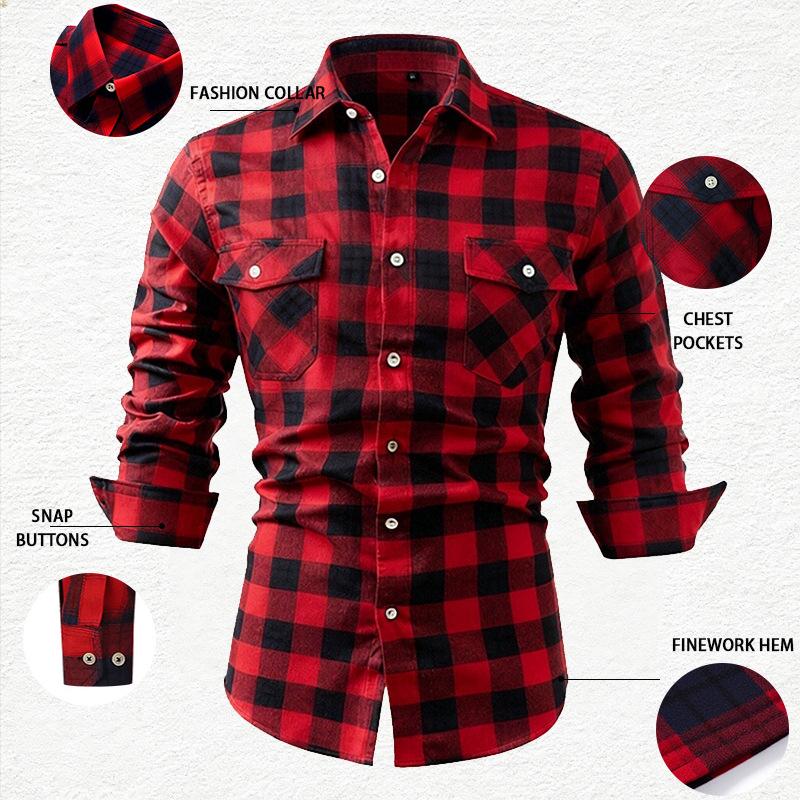 Lente Zomer Slim Fit Geborsteld Ruit High-End Lange Mouw Dubbele Zak Heren Flanellen Overhemd