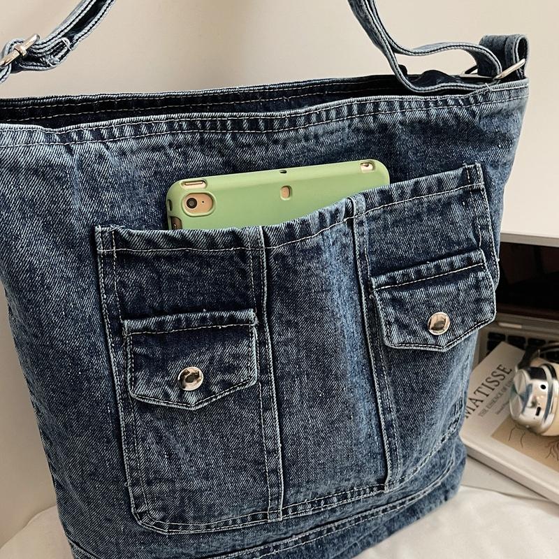 Vintage Large Capacity Denim Tote Bag Women's Shoulder Bag Commuter Crossbody Bag