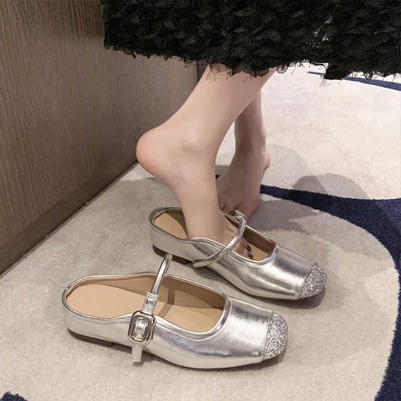 Small height-increasing slippers silver single shoes 2025 spring and summer new temperament one-pedal bag head slippers women's outer wear