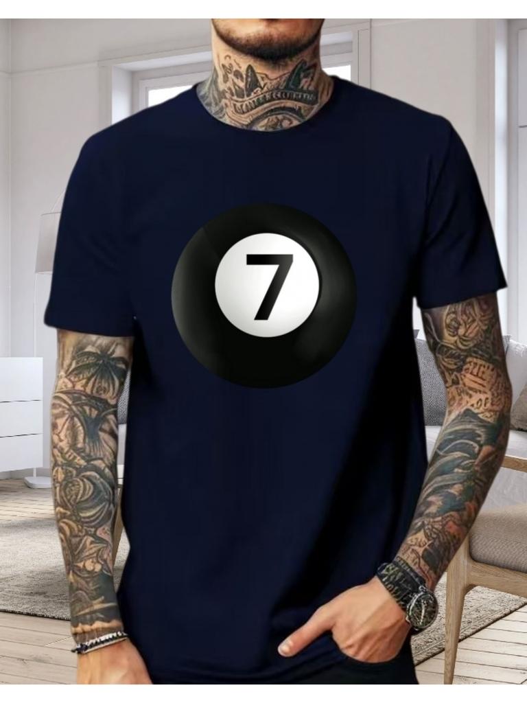 Unisexs Dark Gray Cotton Tee Lucky Seven Billiard Ball Retro Graphic Crew Neck Short Sleeve Vintage Street Casual Male Loose Top