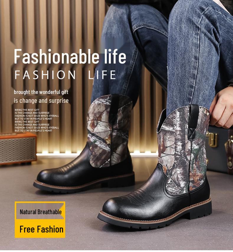 Men's Large Leather High-Top Boots - Autumn/Winter Fashion, Trendy Western Cowboy, Thick Sole, Non-Slip Knight Design